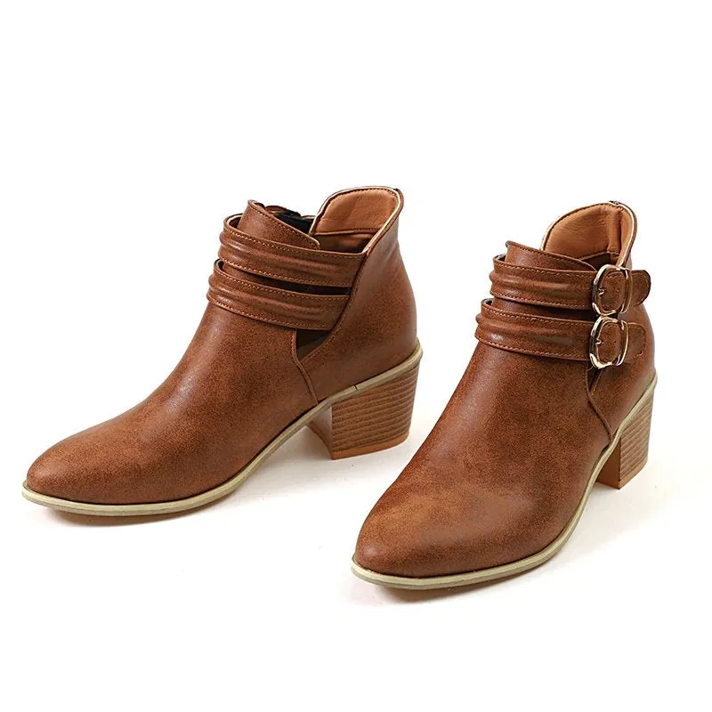 Women's Autumn Casual Buckle Ankle Boots With Wooden Heels