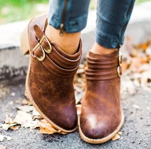 Women's Autumn Casual Buckle Ankle Boots With Wooden Heels