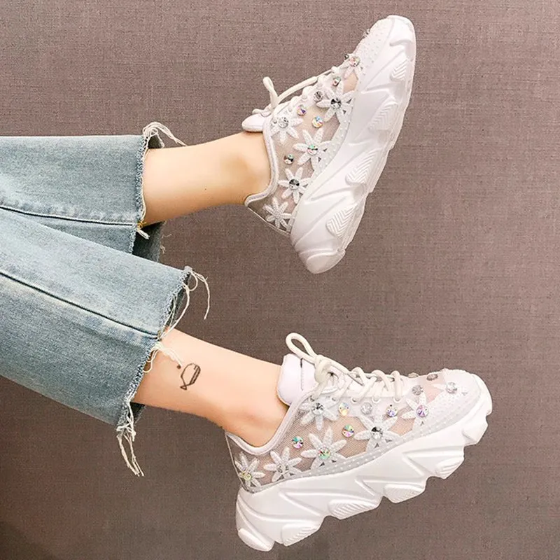 Women's Casual Platform Sneakers With Rhinestones