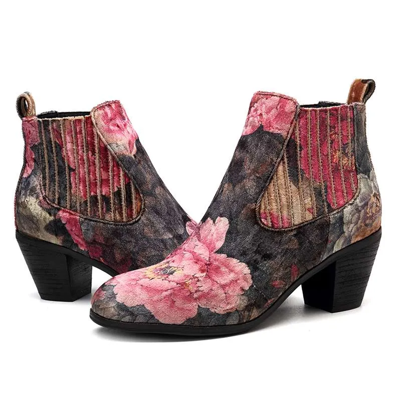 Women's Floral Printed Design Fashion Velvet Square Heel Ankle Boots