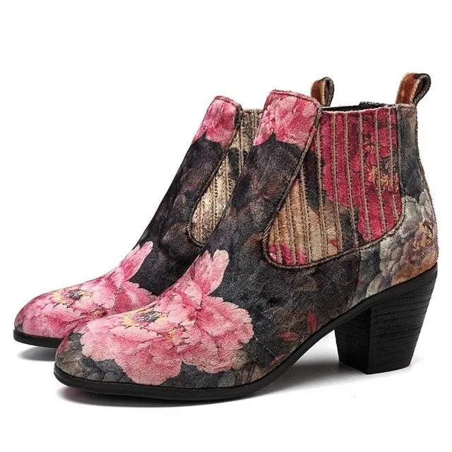 Women's Floral Printed Design Fashion Velvet Square Heel Ankle Boots