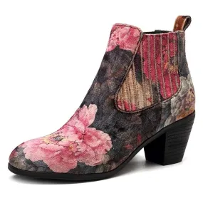 Women's Floral Printed Design Fashion Velvet Square Heel Ankle Boots