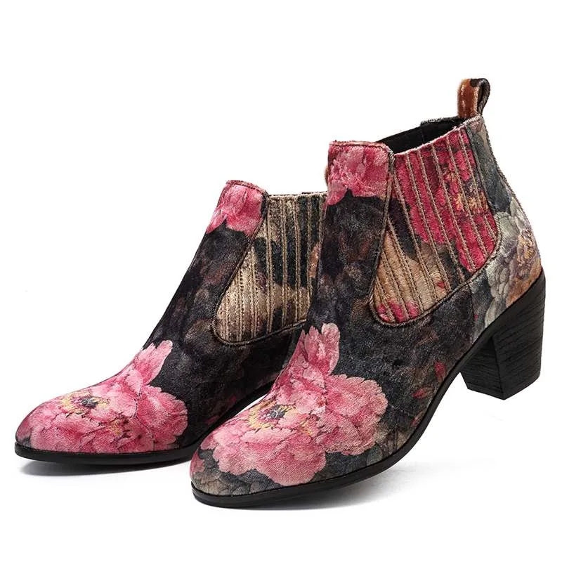 Women's Floral Printed Design Fashion Velvet Square Heel Ankle Boots