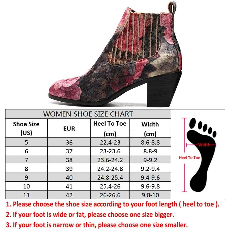 Women's Floral Printed Design Fashion Velvet Square Heel Ankle Boots