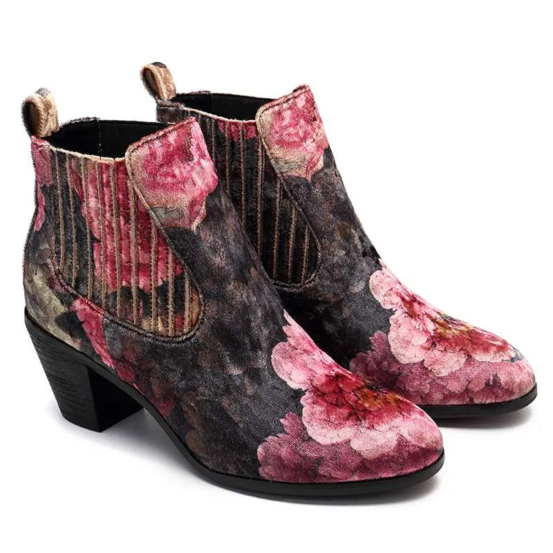 Women's Floral Printed Design Fashion Velvet Square Heel Ankle Boots