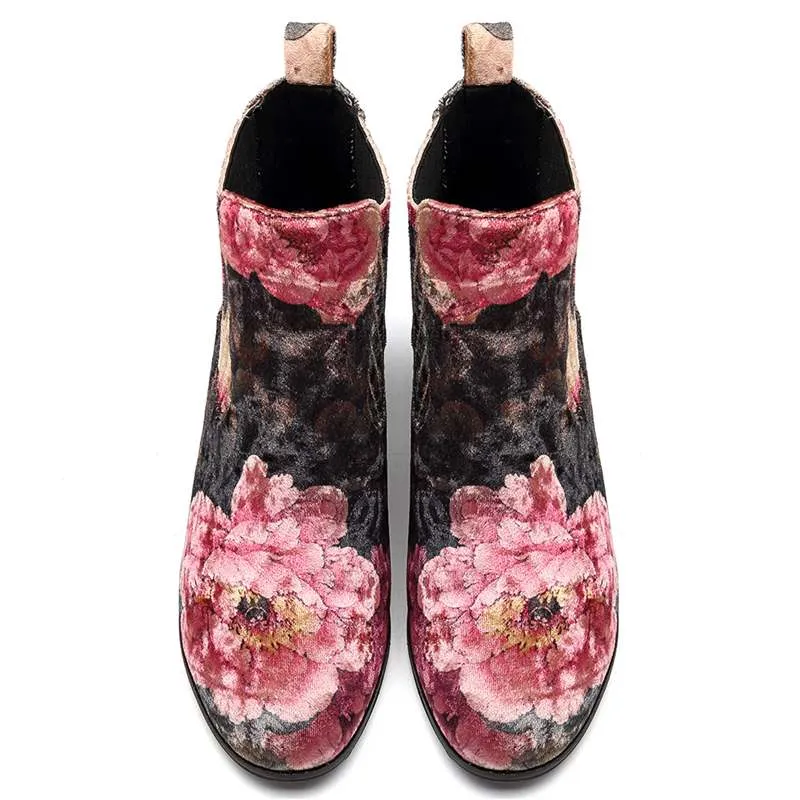 Women's Floral Printed Design Fashion Velvet Square Heel Ankle Boots