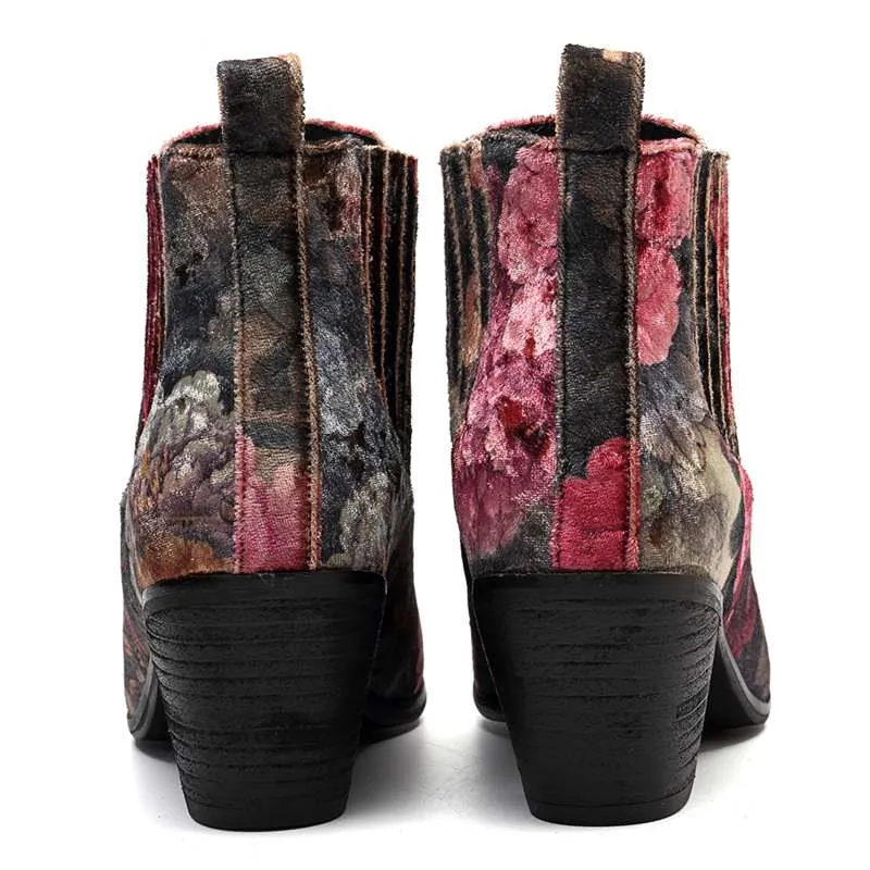 Women's Floral Printed Design Fashion Velvet Square Heel Ankle Boots