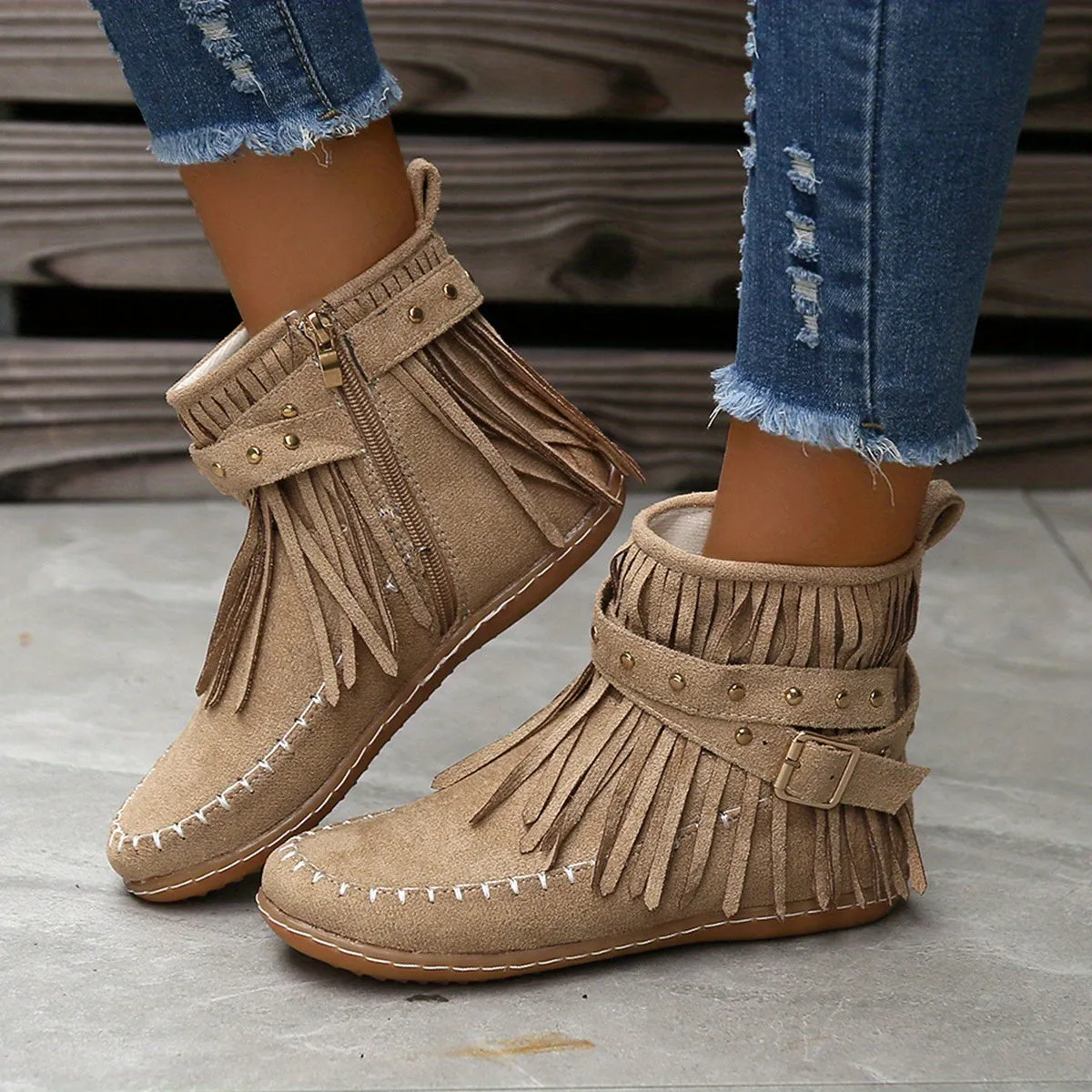 Women's Tassel Decor Short Boots, Casual Metal Beads Decor Side Zipper Boots, Comfortable Ankle Boots