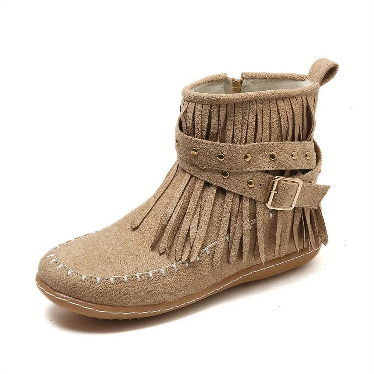 Women's Tassel Decor Short Boots, Casual Metal Beads Decor Side Zipper Boots, Comfortable Ankle Boots