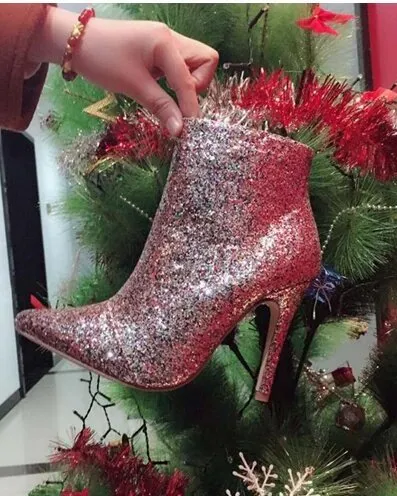 Women's Winter Sequined High-Heeled Ankle Boots