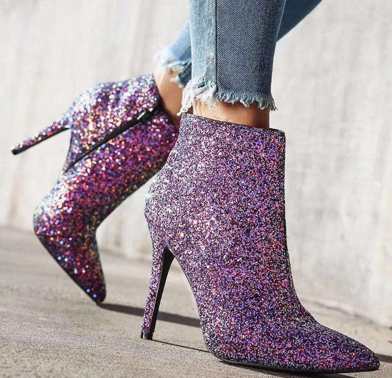 Women's Winter Sequined High-Heeled Ankle Boots