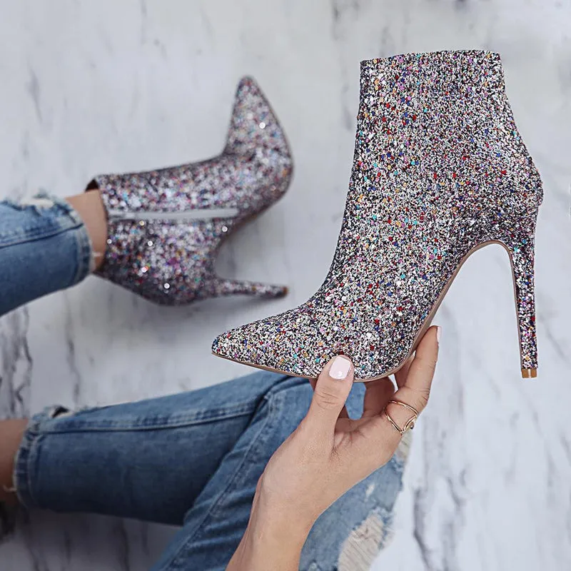 Women's Winter Sequined High-Heeled Ankle Boots