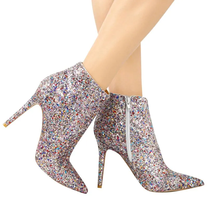 Women's Winter Sequined High-Heeled Ankle Boots