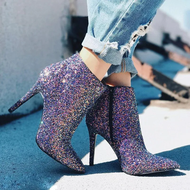 Women's Winter Sequined High-Heeled Ankle Boots